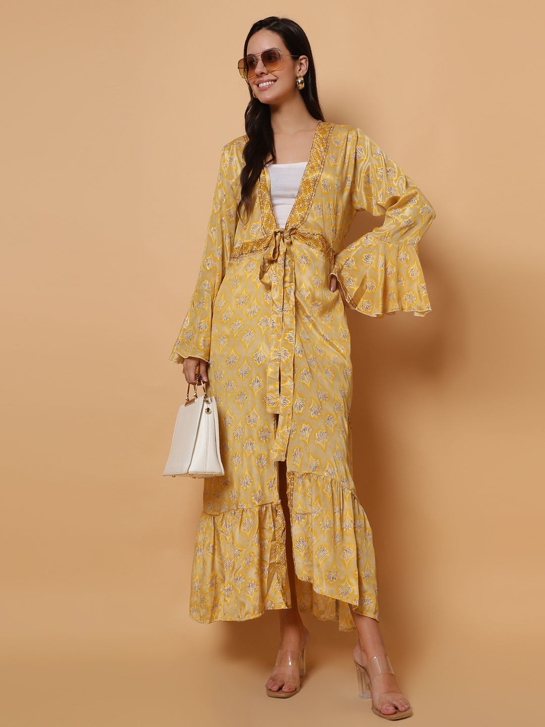 

ROSEMELON Women Floral Printed Tie-Up Bell Sleeve Wrap Maxi Dress, Yellow