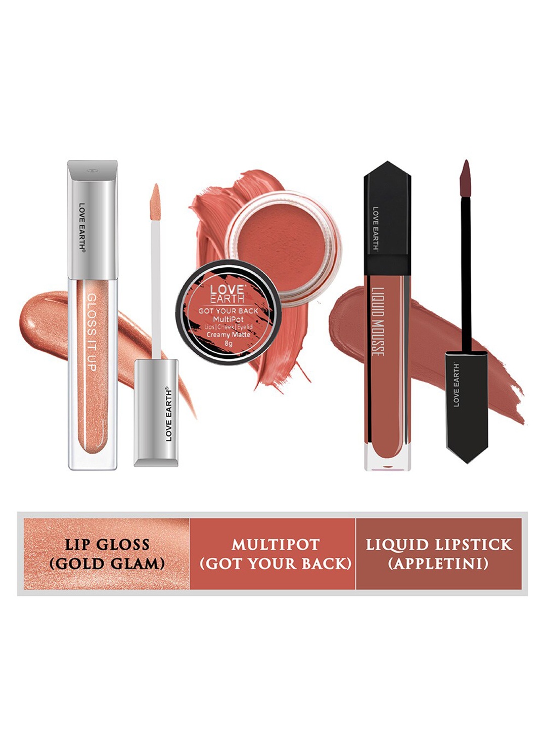 

LOVE EARTH Set Of 3 Lip & Cheek Tint Multipot - 8g-Lip Gloss - 3ml-Liquid Lipstick - 6ml, Coral