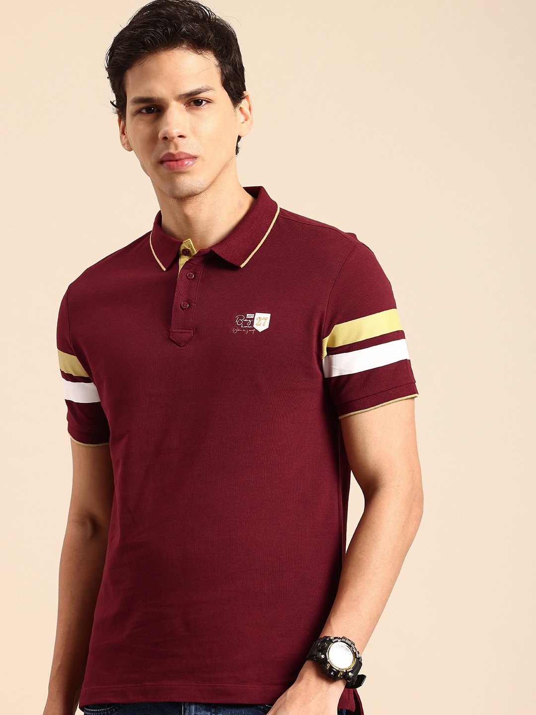 

Being Human Striped Polo Collar Pure Cotton T-shirt, Maroon