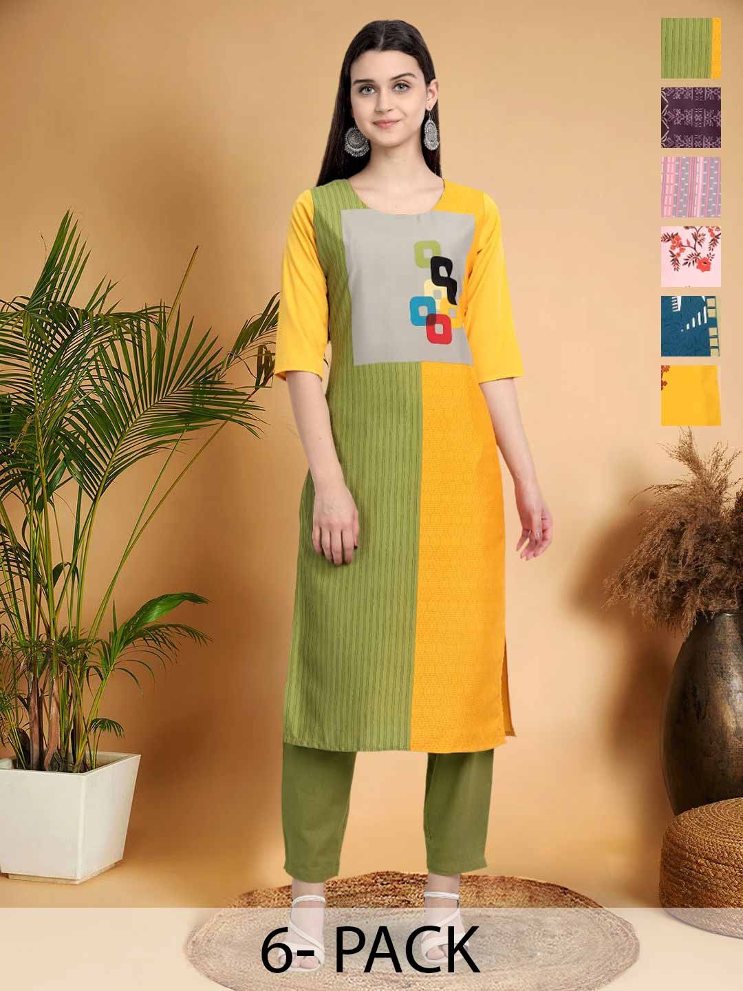 

7Threads Selection Of 6 Colourblocked Printed Round Neck Kurtas, Yellow