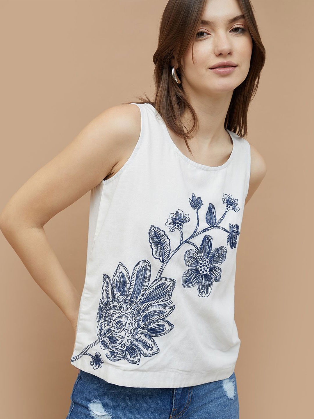 

Colour Me by Melange Floral Printed Tank Top, Off white