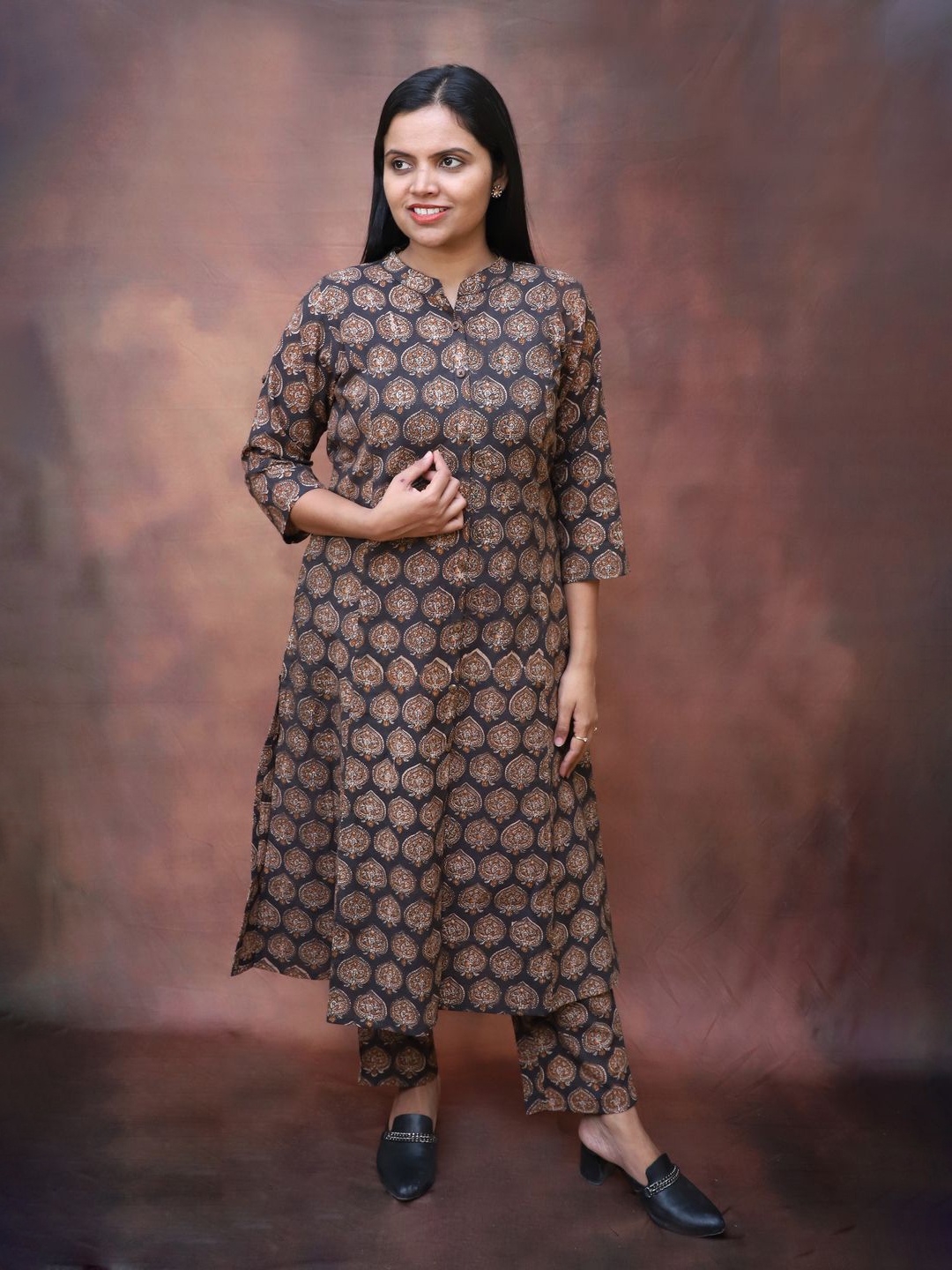 

Stellaxmi 24 Women Pure Cotton Mandarin Collar Printed Maxi Dress, Black