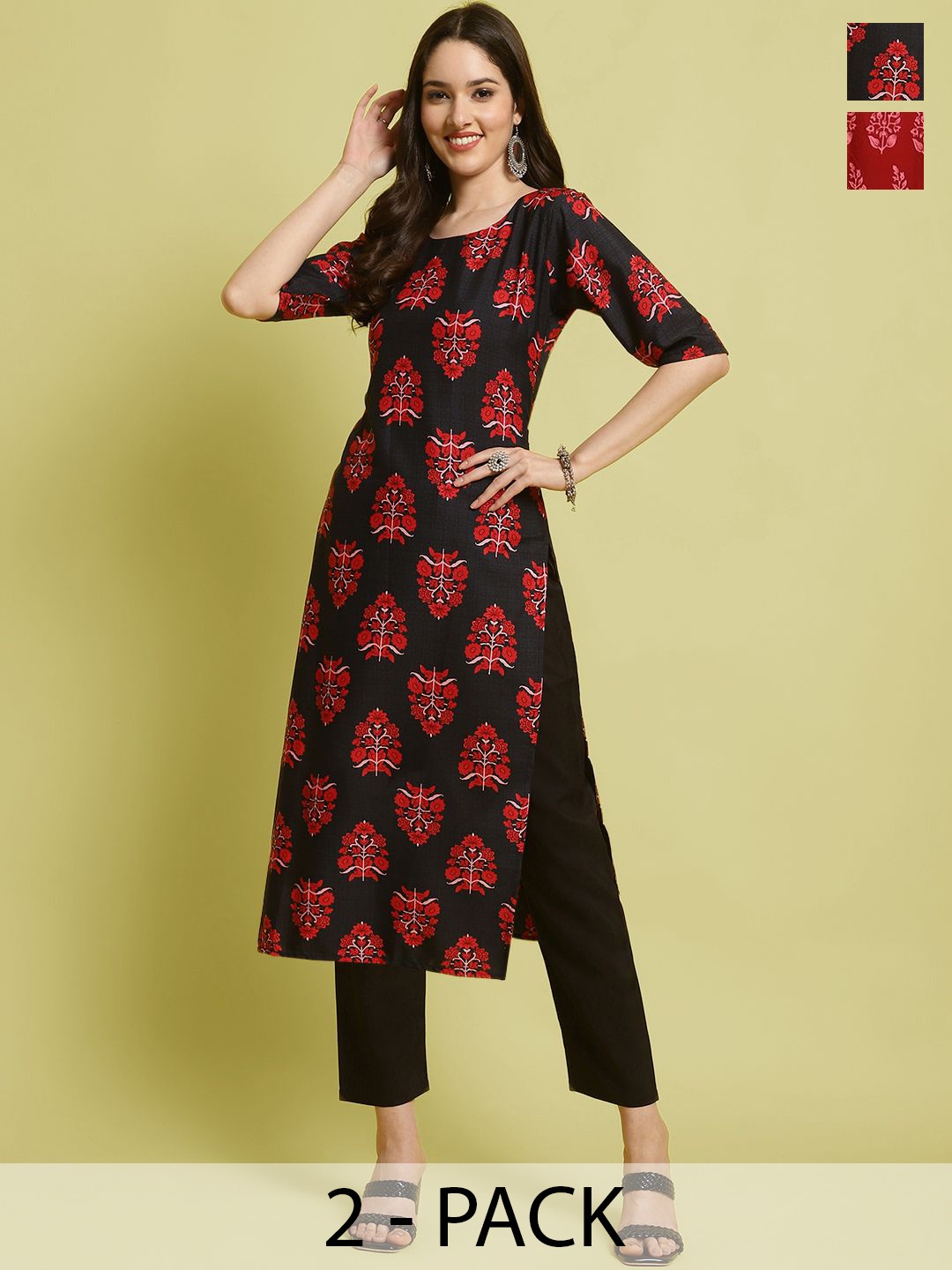 

7Threads Selection Of 2 Floral Printed Straight Kurta With Trousers, Black