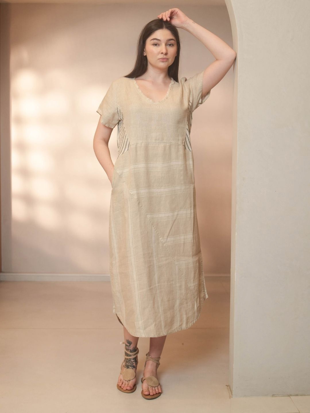 

Fabulous Women Striped A - Line Midi Dress, Beige