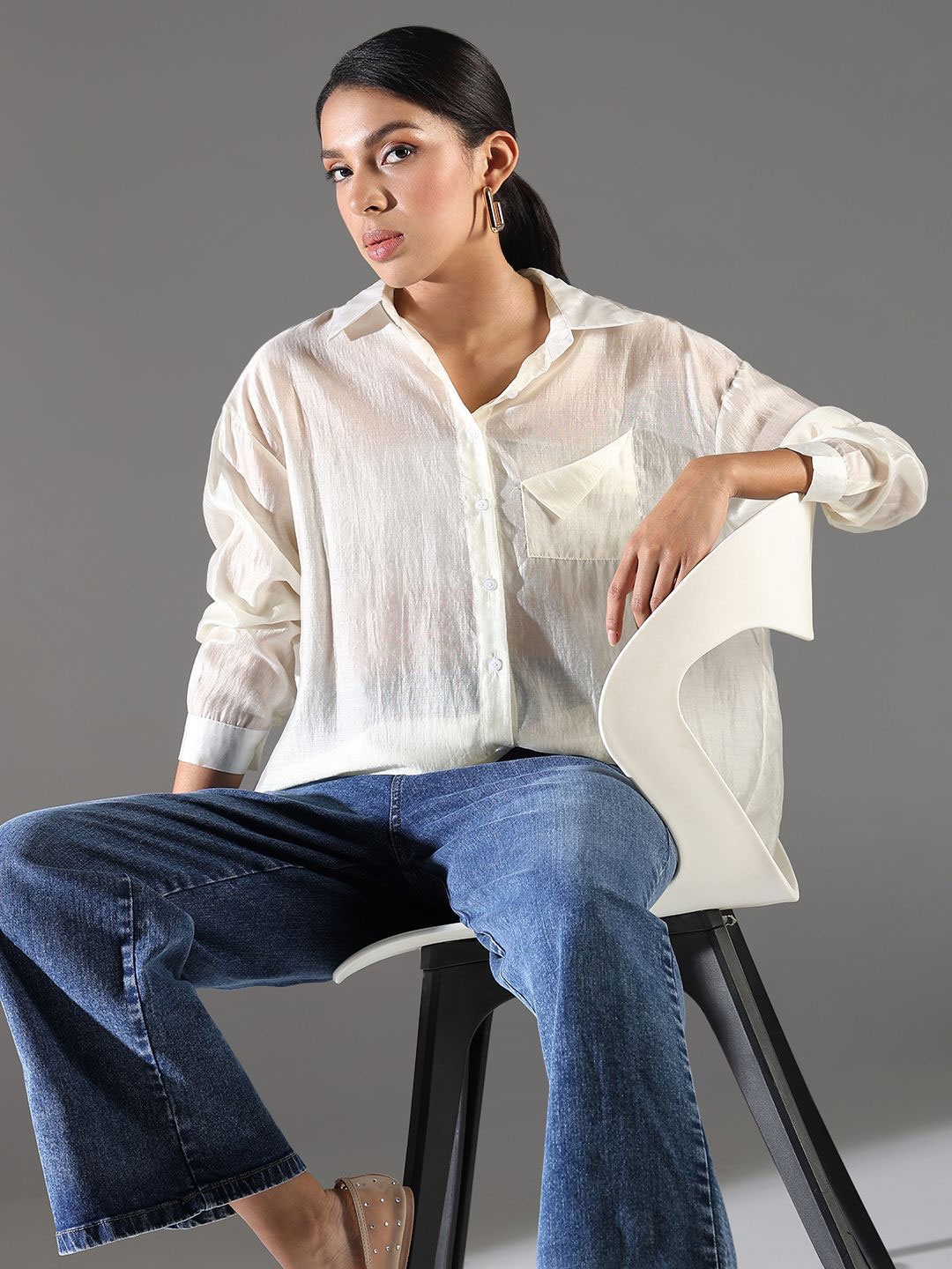 

SHOWOFF Women Comfort Relaxed Fit Spread Collar Textured Poly Silk Casual Shirt, Cream