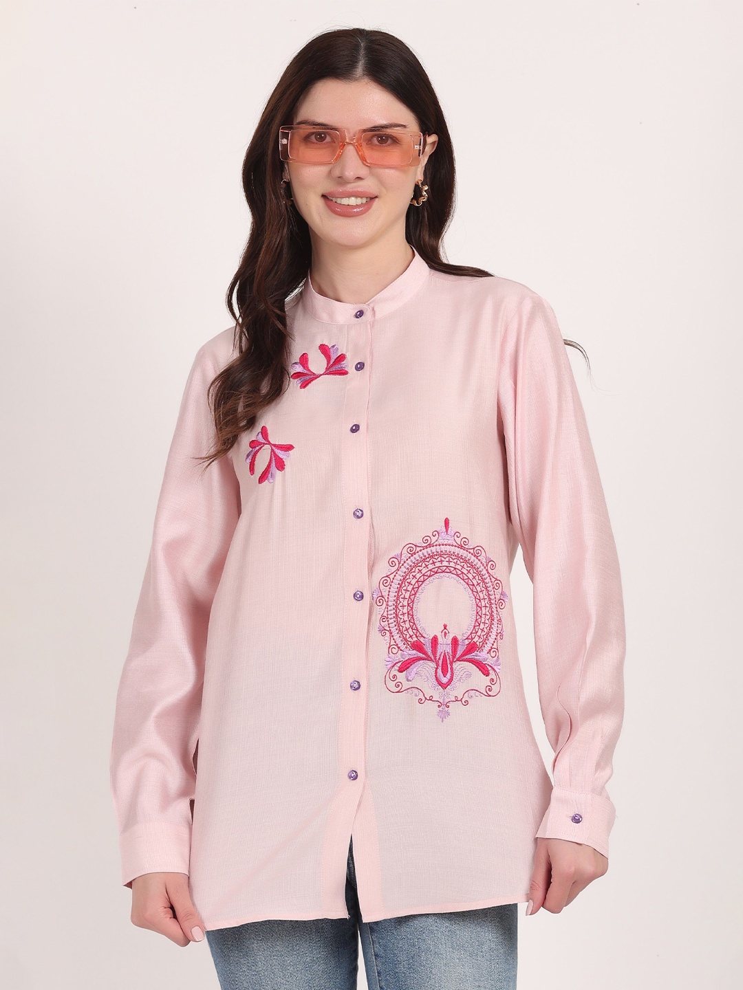

Yadya Threads Women Floral Longline Shirt Style Top, Pink