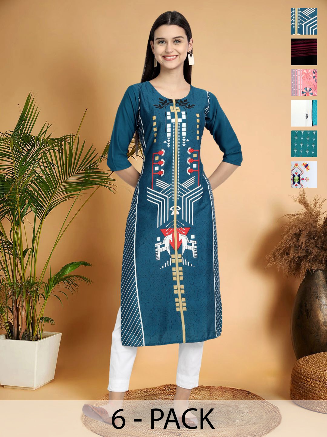 

7Threads Selection Of 6 Geometric Printed Round Neck Straight Kurtas, Teal