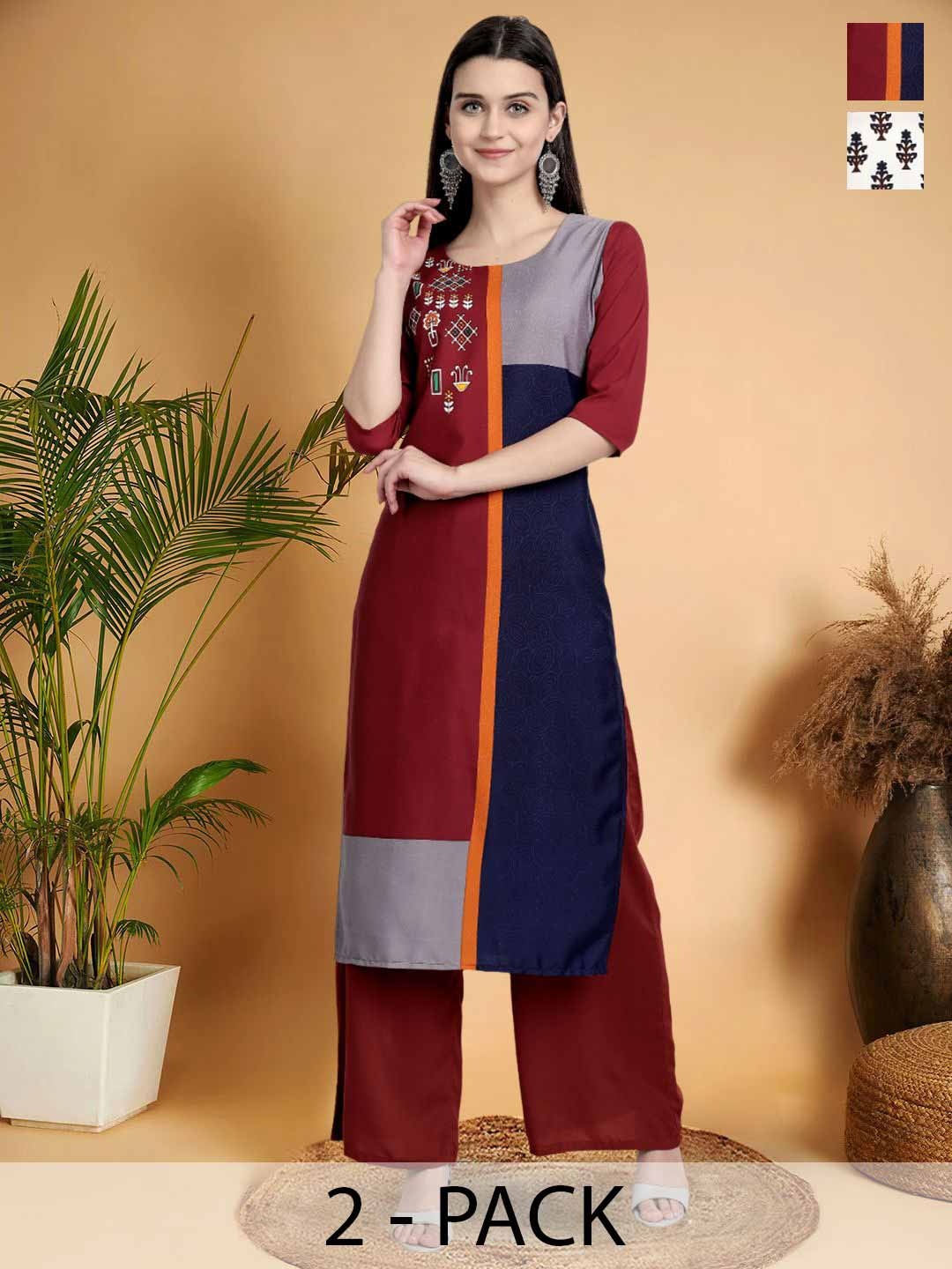 

7Threads Selection Of 2 Colourblocked Printed Round Neck Straight Kurtas, Blue
