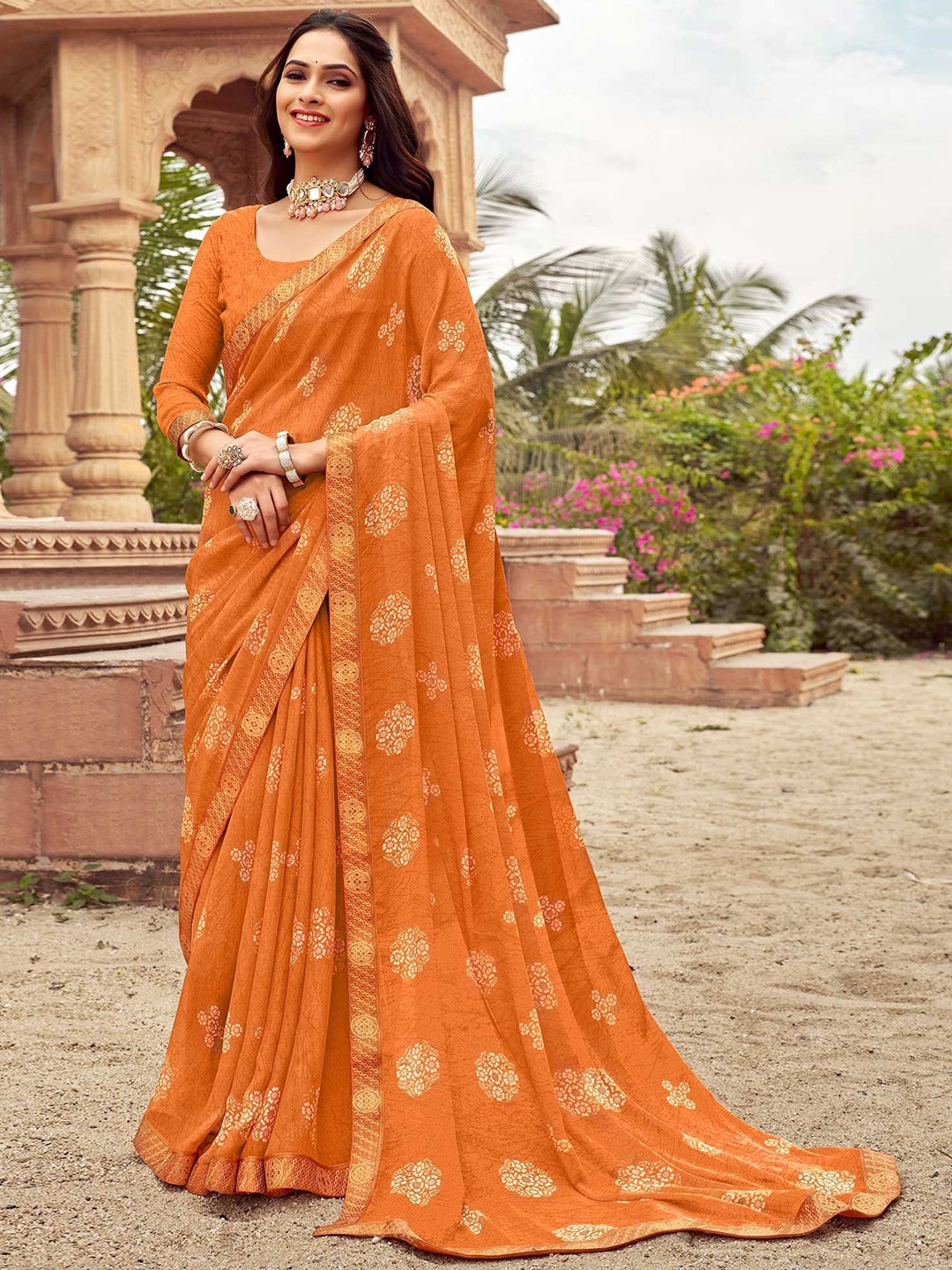 

Peachmode Printed Pure Chiffon Saree, Orange