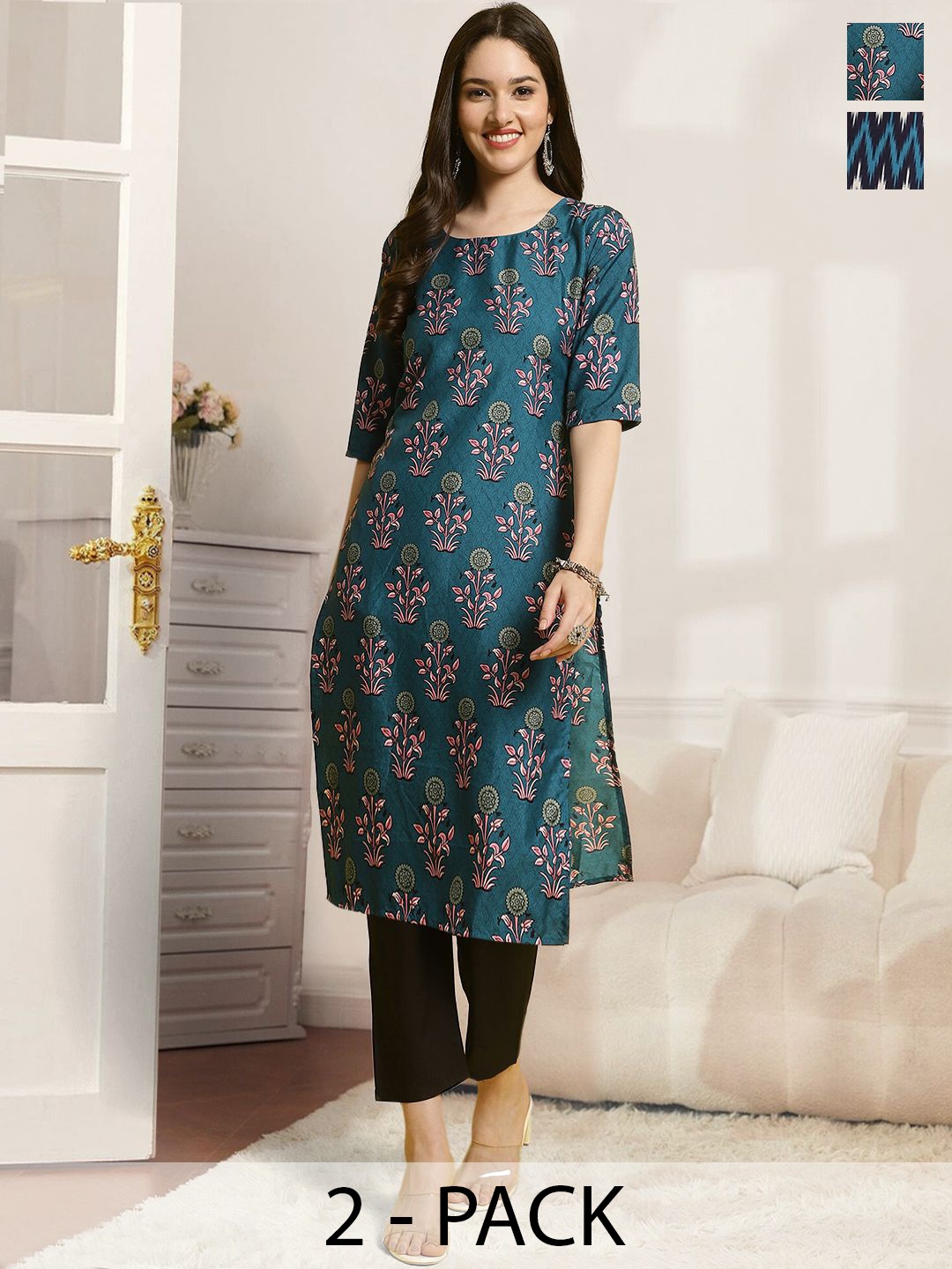 

7ThreadsSelection Of 2 Floral Printed Round Neck Straight Kurtas With Trousers, Teal