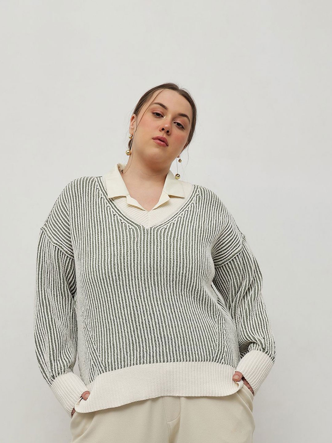 

CURVY STREET Women Striped Pullover Sweater, Green