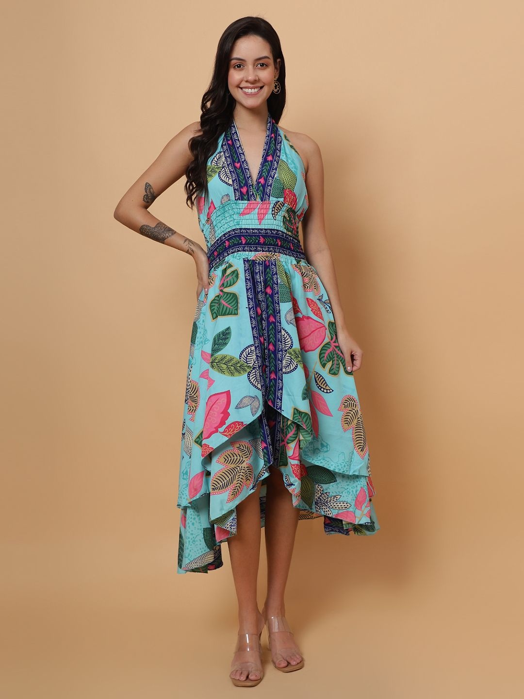 

ROSEMELON Floral Printed V-Neck Sleeveless Crepe Fit & Flare Midi Dress, Blue