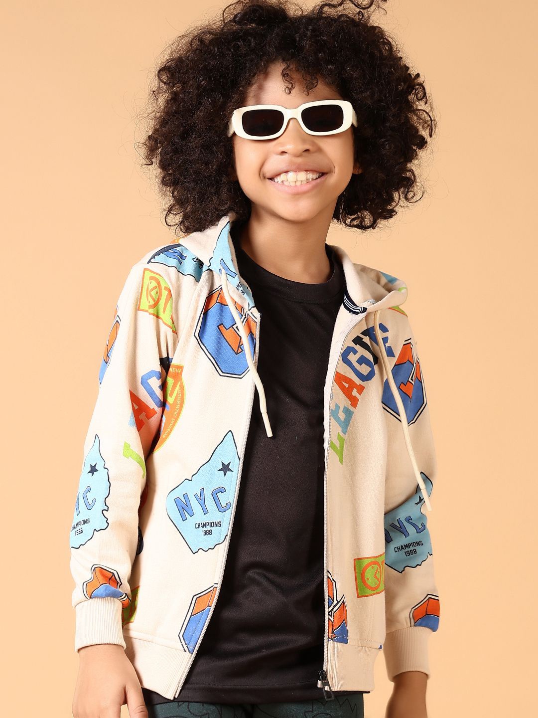 

V-Mart Boys Cotton Printed Hooded Sweatshirt, Beige