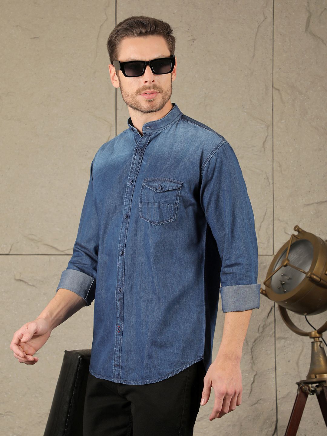 

COBB Men Slim Fit Band Collar Faded Denim Casual Shirt, Blue