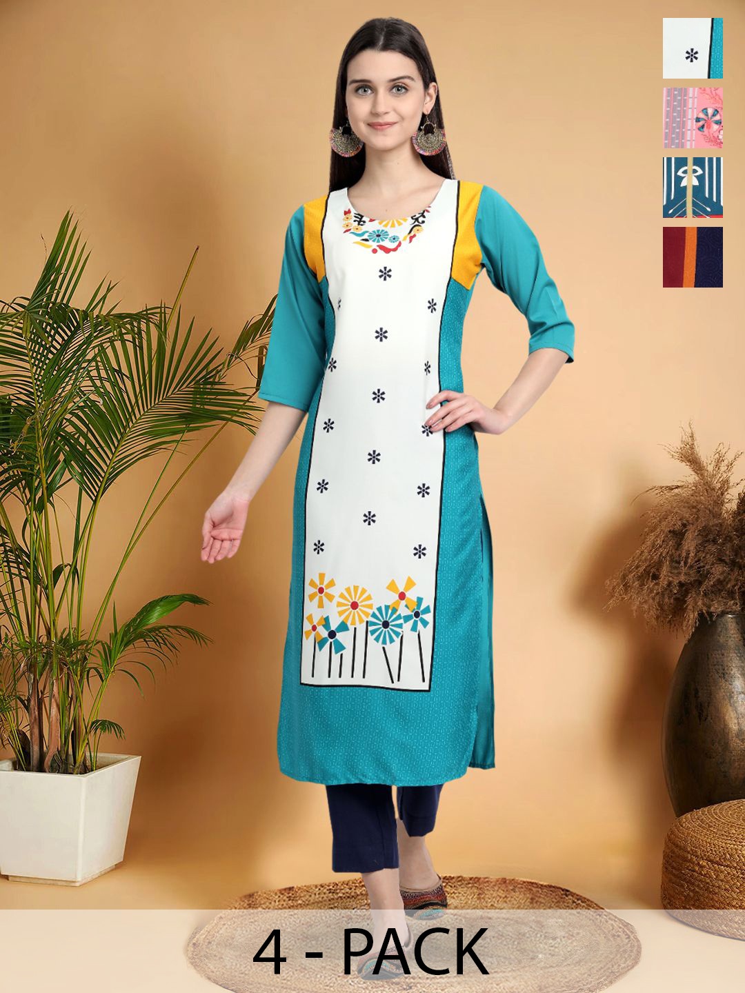 

7Threads Selection Of 4 Ethnic Motifs Printed Round Neck Straight Kurtas, Turquoise blue