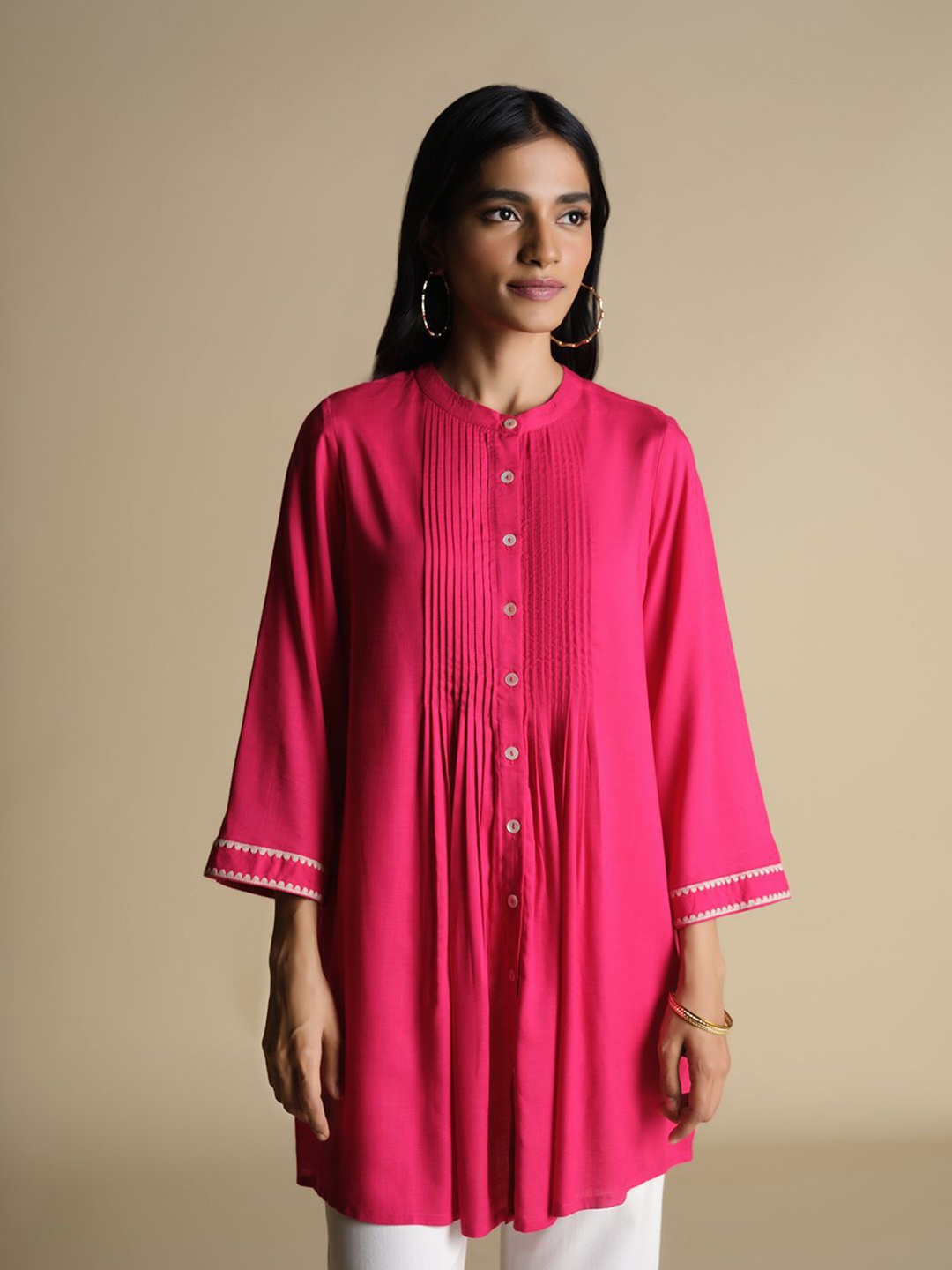 

Global Desi Women Mandarin Collar Tunic, Pink