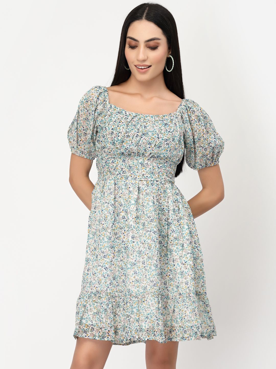 

DELIS Women Floral Printed Puff Sleeve Square Neck Fit & Flare Dress, Blue