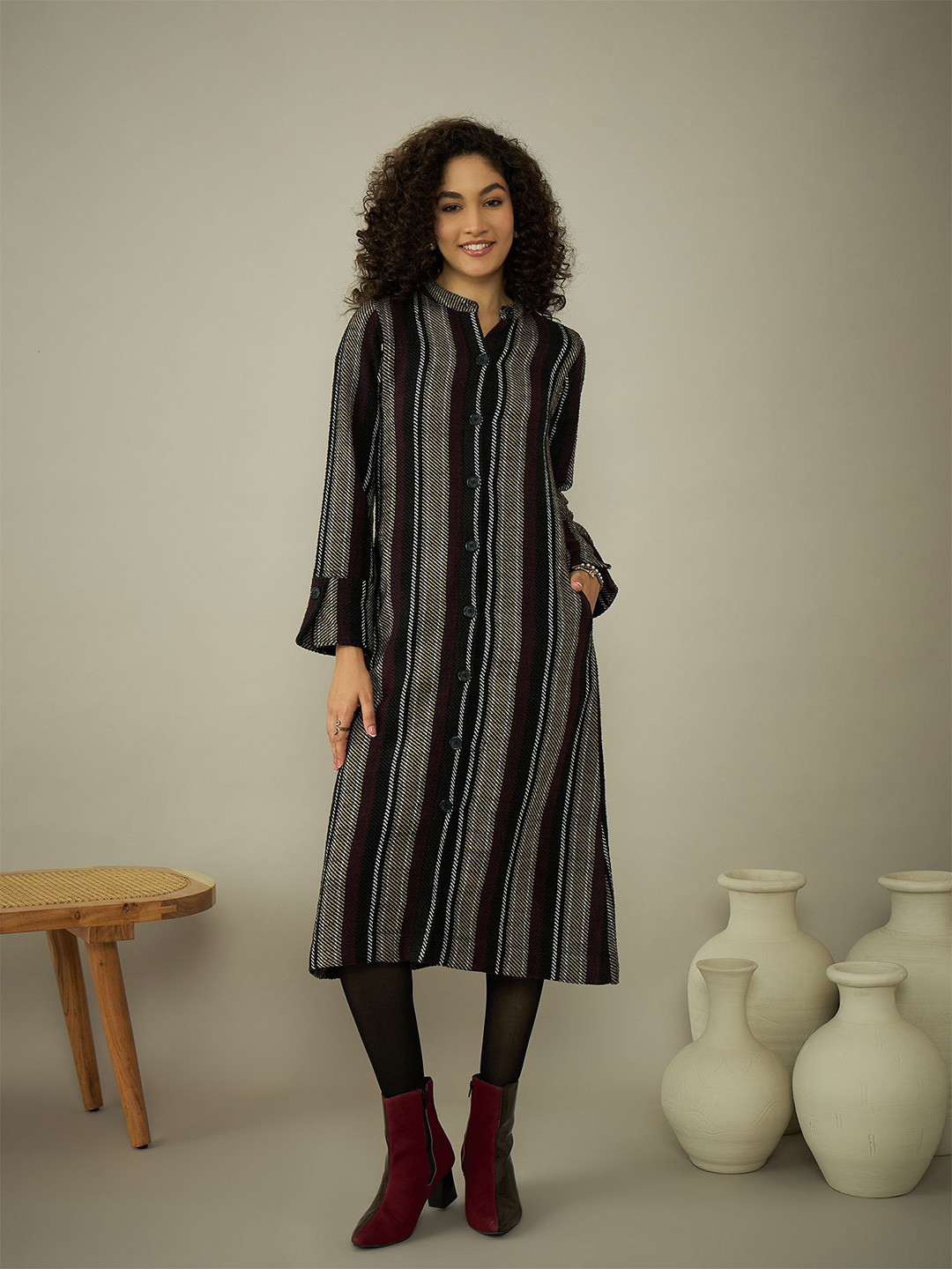 

STADO Women Striped Woollen A-Line Midi Dress, Black