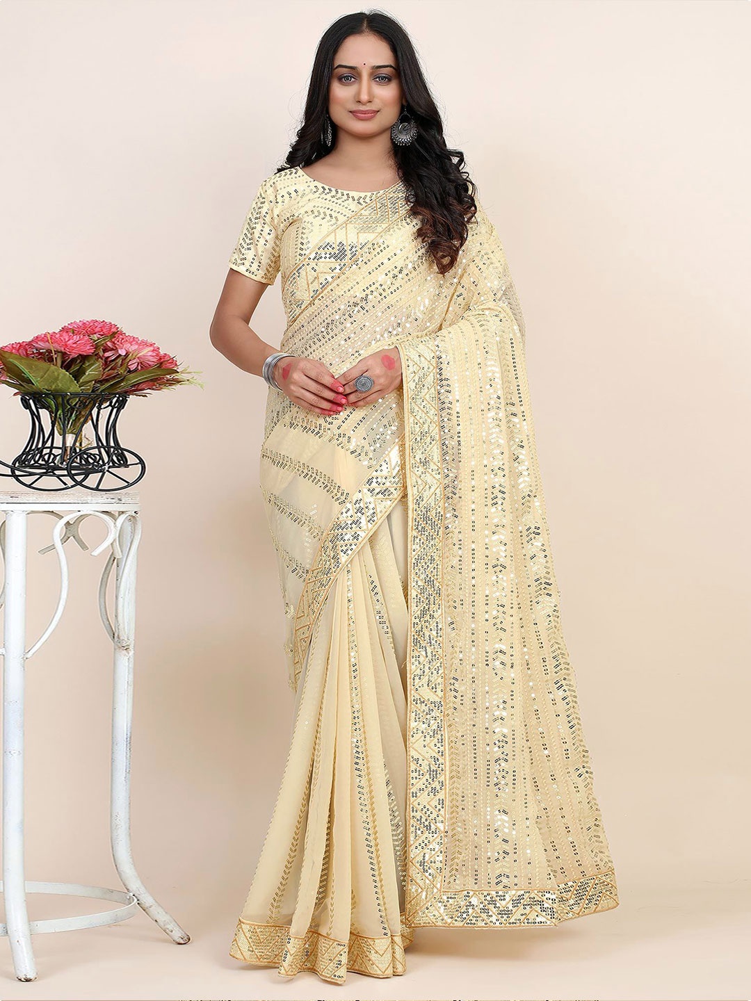 

Peachmode Embellished Sequinned Pure Georgette Saree, Beige