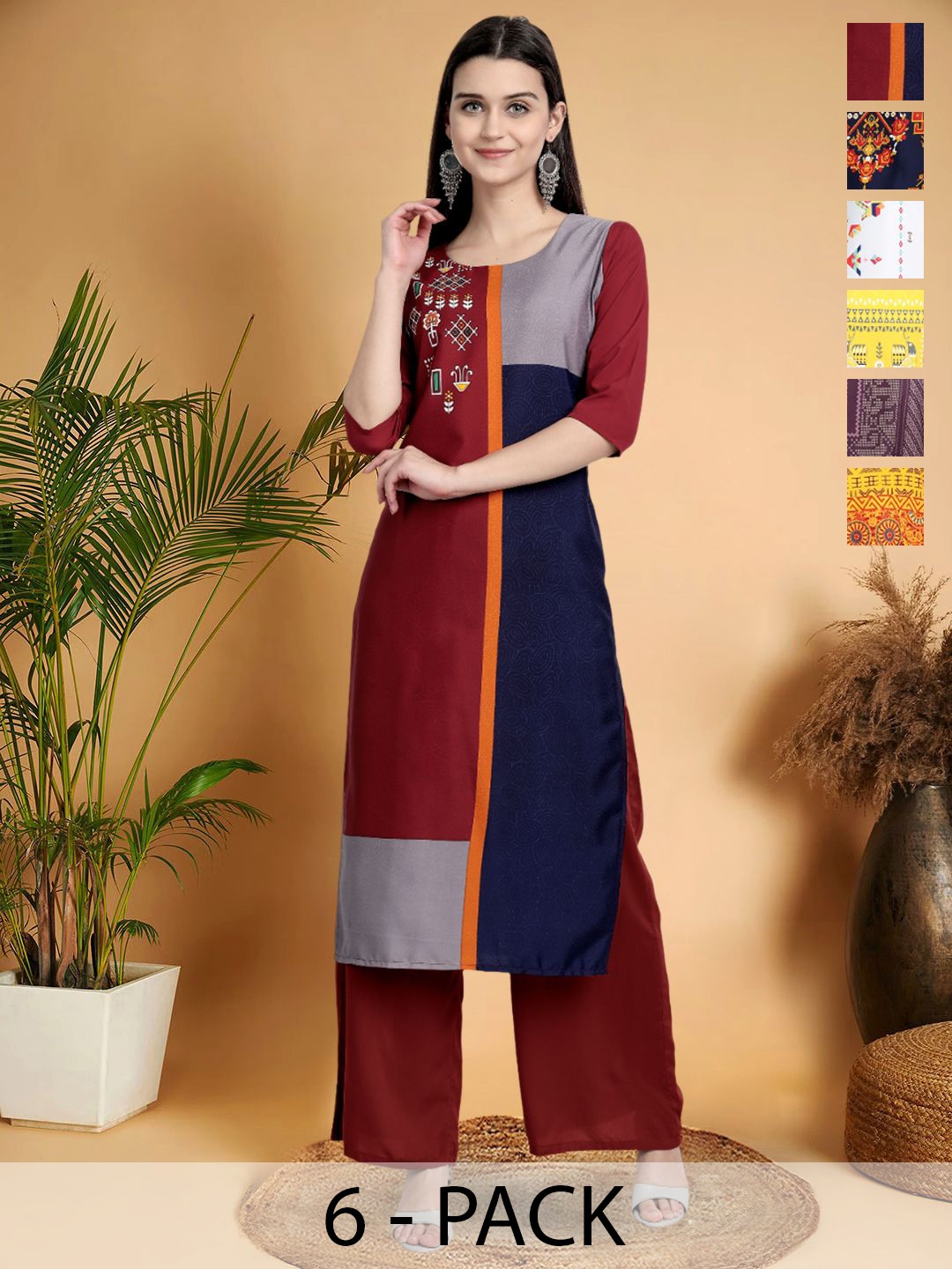 

7Threads Selection Of 6 Ethnic Motifs Printed Round Neck Kurtas, Maroon