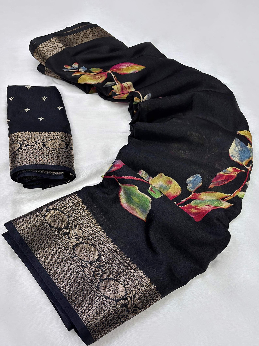 

Peachmode Floral Printed Saree With Jacquard Border, Black