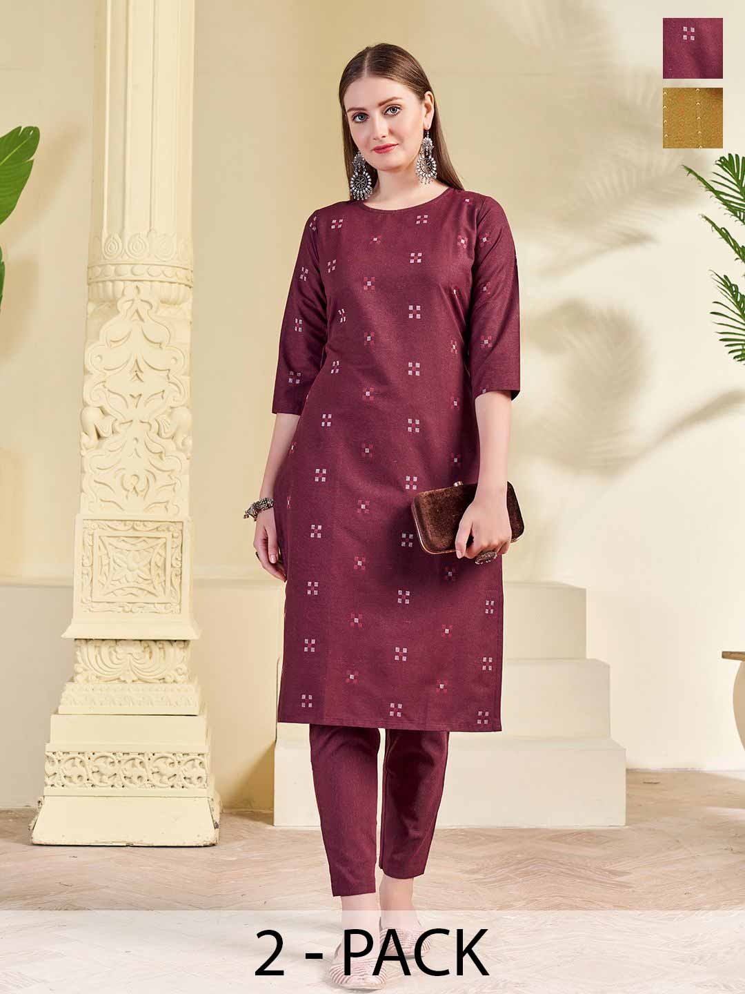 

KALINI Selection of 2 Geometric Round Neck Straight Kurta with Trousers, Maroon