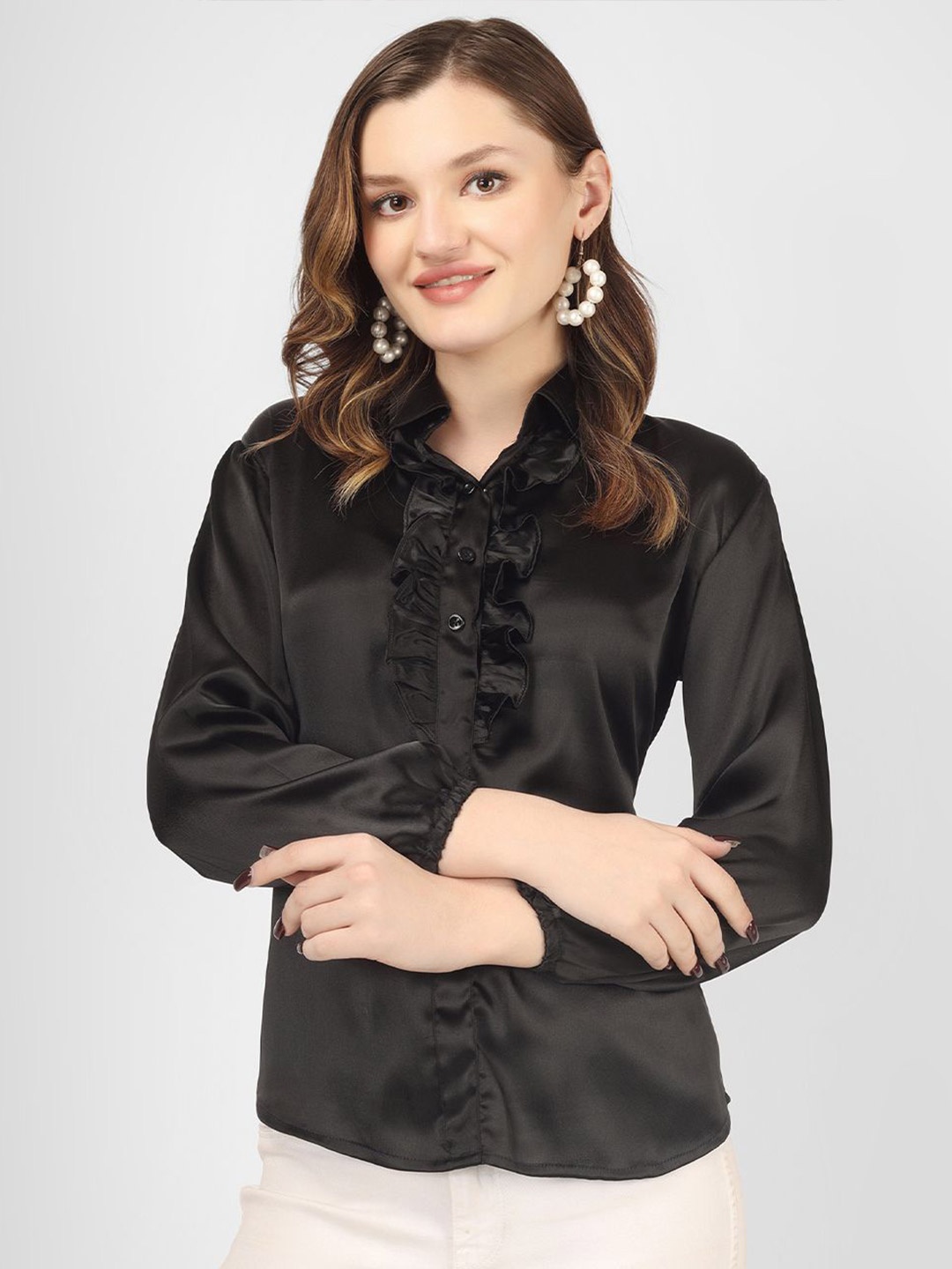 

UNLOKALE Women Shirt Collar Shirt Style Top, Black