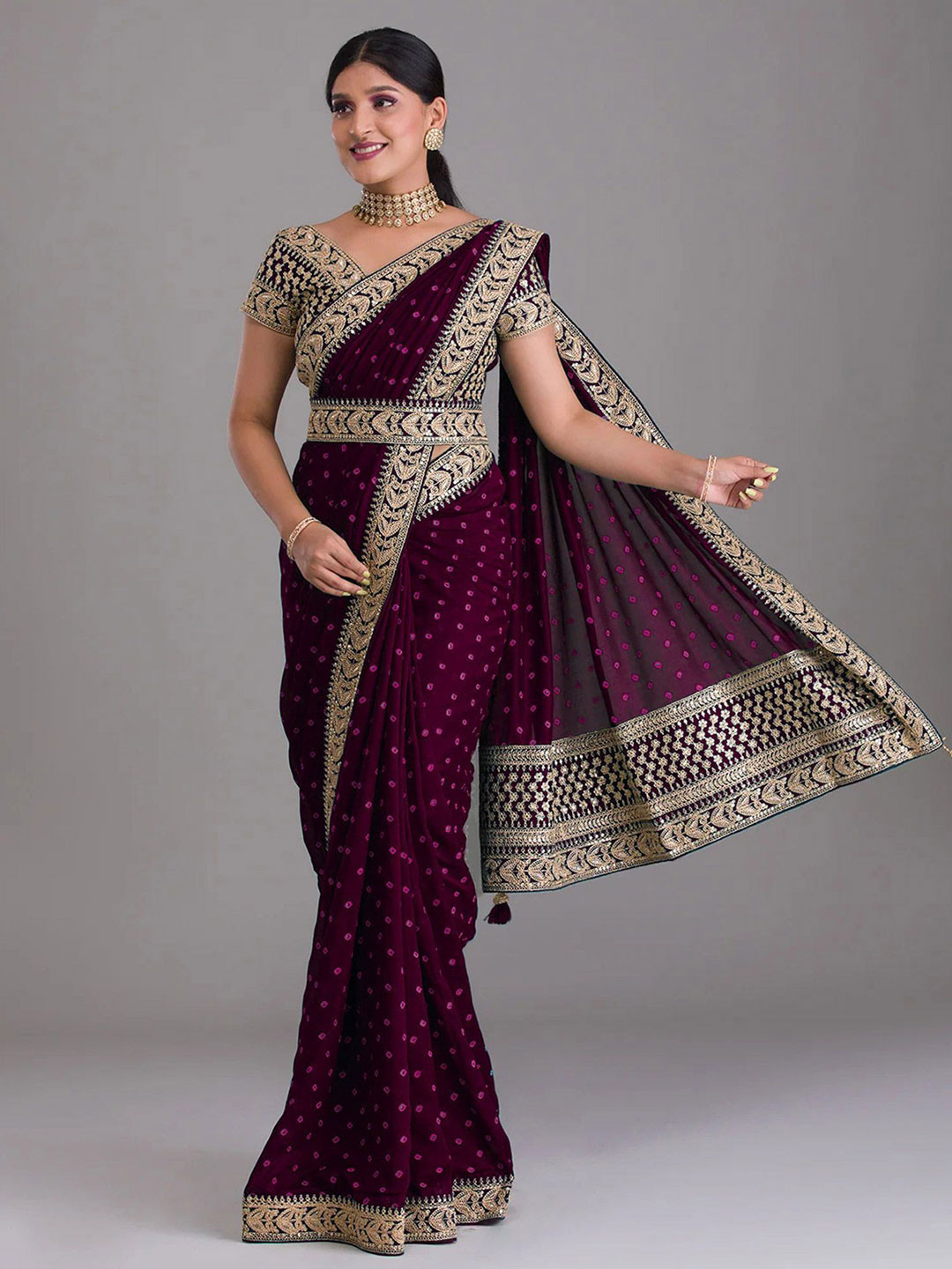 

Peachmode Bandhani Sequinned Bandhani Saree, Purple