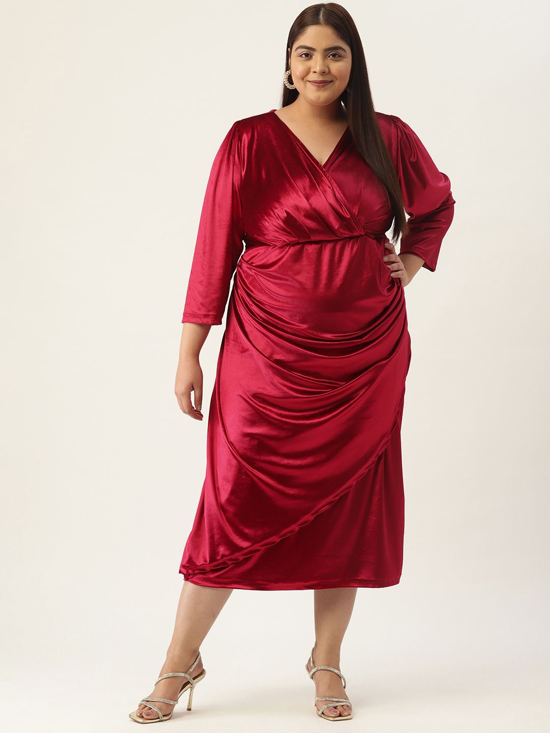 

theRebelinme Plus Size Velvet Sheath Midi Dress, Red