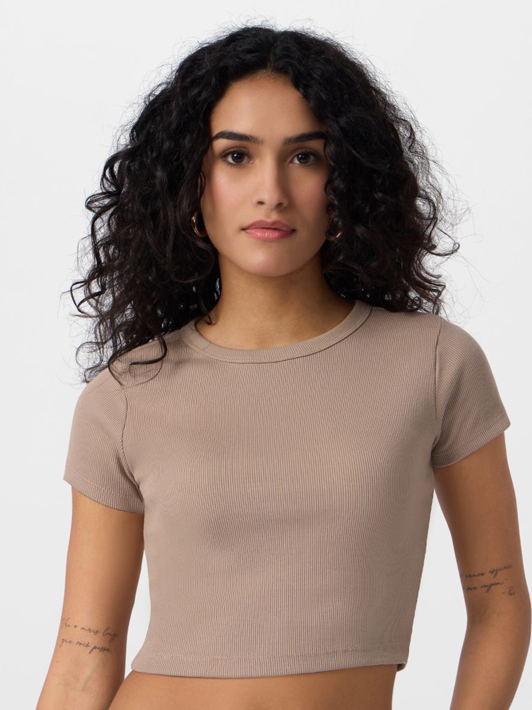 

The Souled Store Women Ribbed Crop-Top Mushroom, Brown