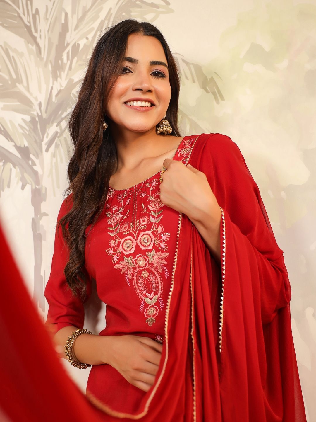 

Janasya Floral Embroidered Chanderi Silk Straight Kurta with Trousers & Dupatta, Maroon
