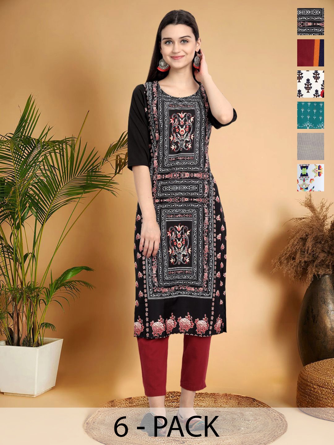 

7Threads Selection Of 6 Floral Printed Round Neck Kurtas, Black