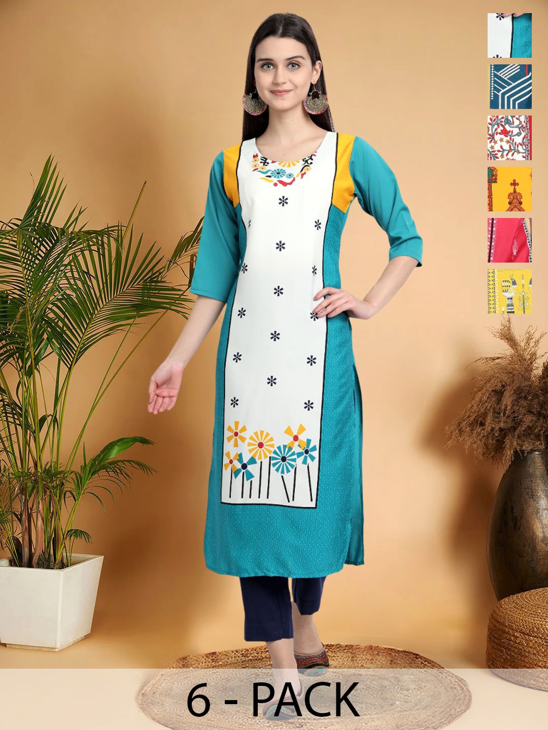 

7Threads Selection Of 6 Floral Printed Round Neck Straight Kurtas, Blue