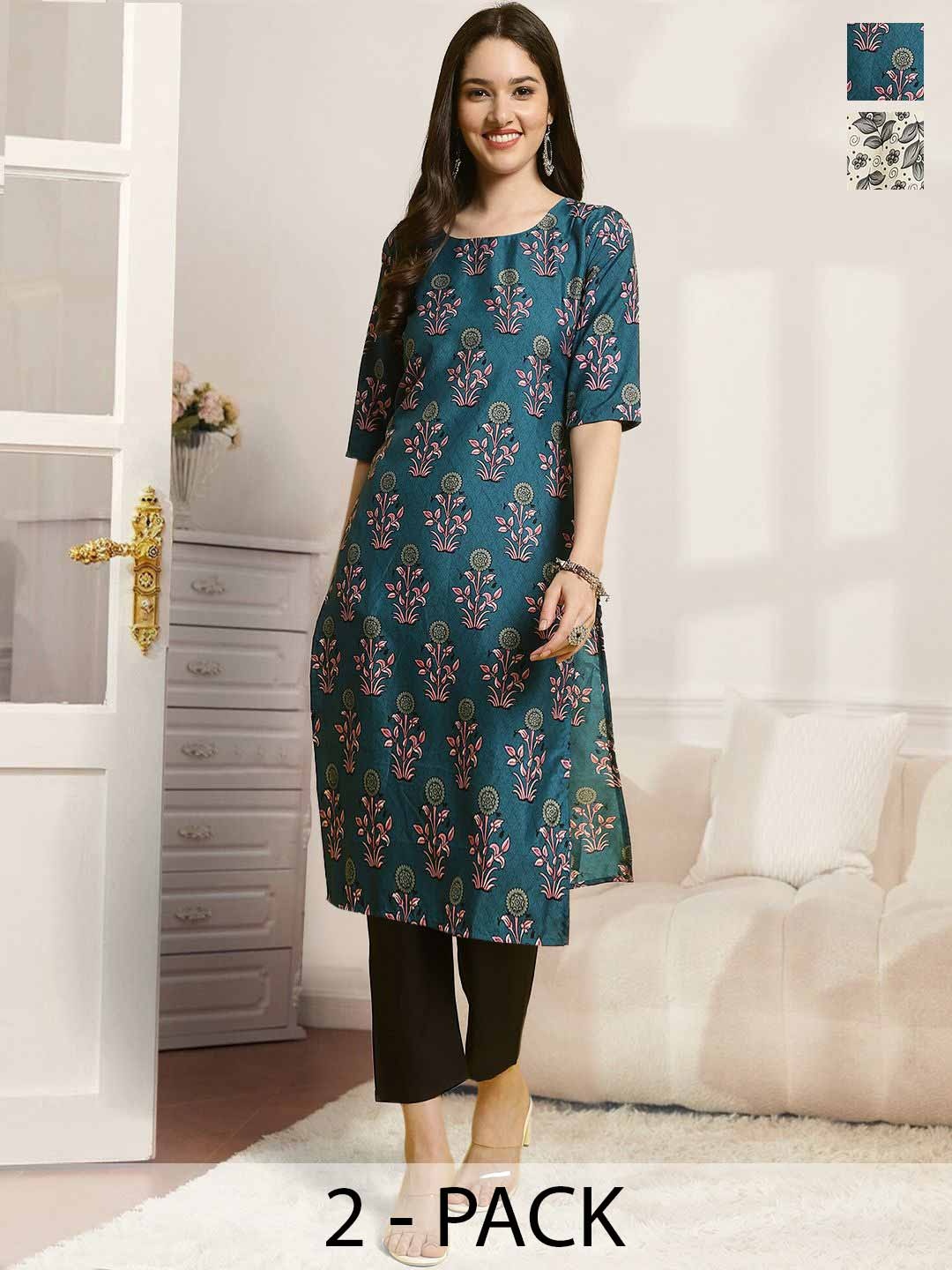 

7Threads Selection Of 2 Floral Printed Straight Kurta With Trousers, Blue