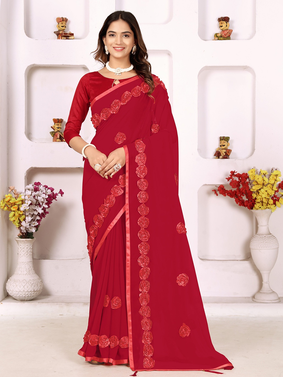 

A.V.M. SILK MILLS Women Ethnic Motifs Embroidered Pure Georgette Saree, Red