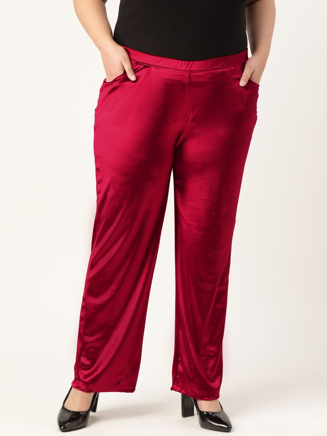 

theRebelinme Women Plus Size Relaxed High-Rise Regular Fit Easy Wash Trouser, Red