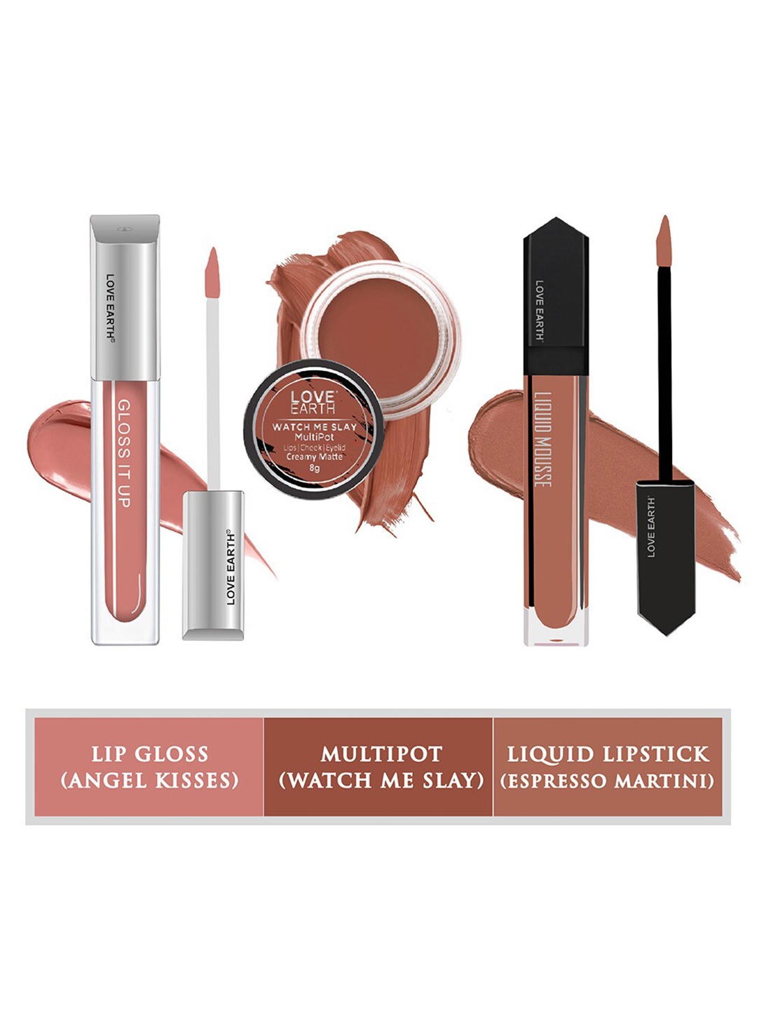 

LOVE EARTH Set Of 3 Lip & Cheek Tint Multipot - 8g -Lip Gloss - 3ml-Liquid Lipstick - 6ml, Brown