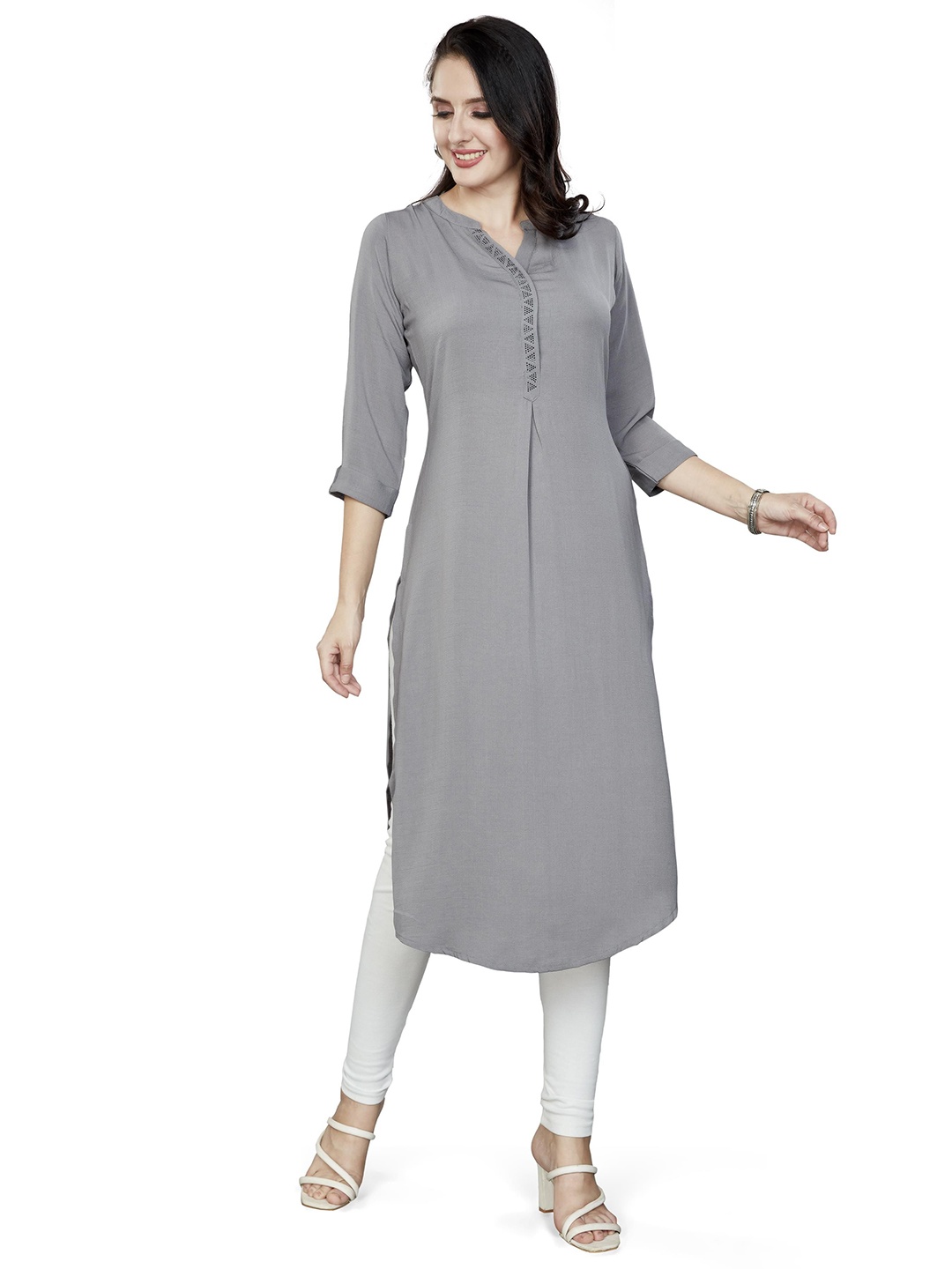 

Nioni Mandarin Collar Cuff Sleeves Kurta, Grey