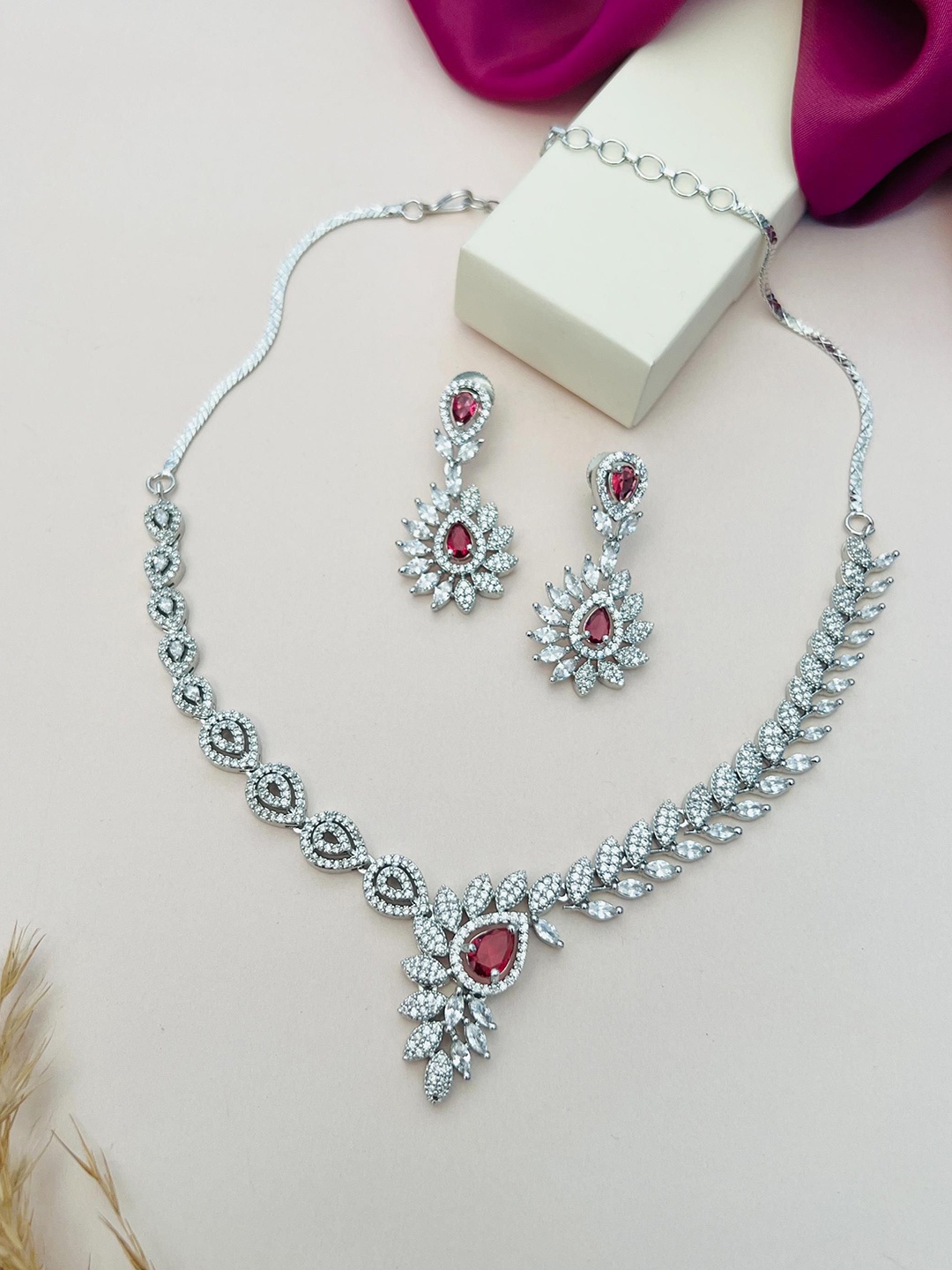 

ABDESIGNS Sliver Plated American Diamond Studded Jewellery Set, Silver