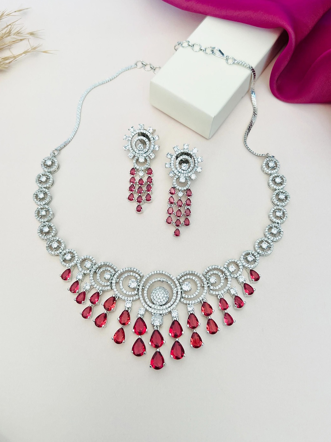 

ABDESIGNS Sliver Plated American Diamond Studded Jewellery Set, Silver