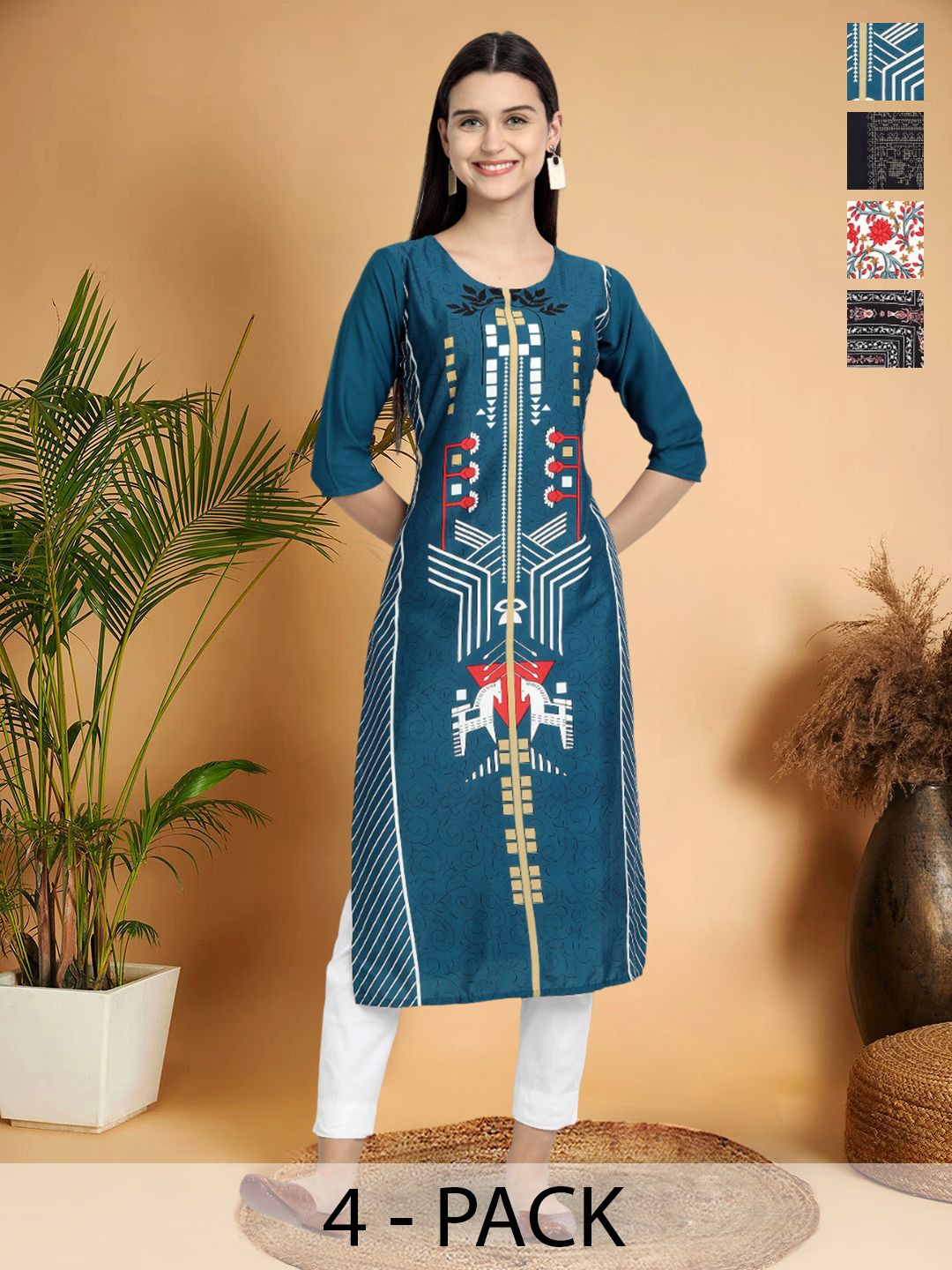 

7Threads Selection Of 4 Geometric Printed Round Neck Kurtas, Teal