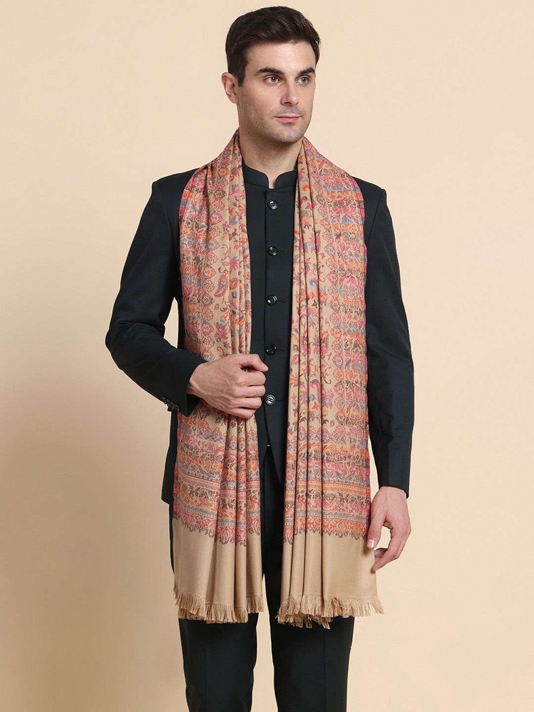

WEAVERS VILLA Men Floral Woven Design Shawl, Beige