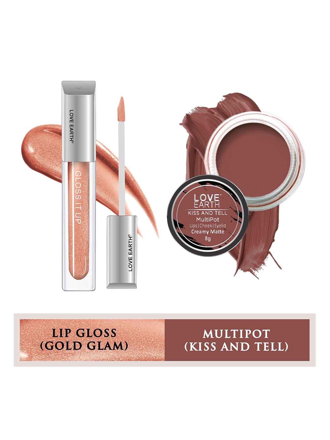 

LOVE EARTH Set Of 2 Creamy Matte Lip Cheek Tint Multipot 8g + Gloss It Up Lip Gloss 3ml, Pink