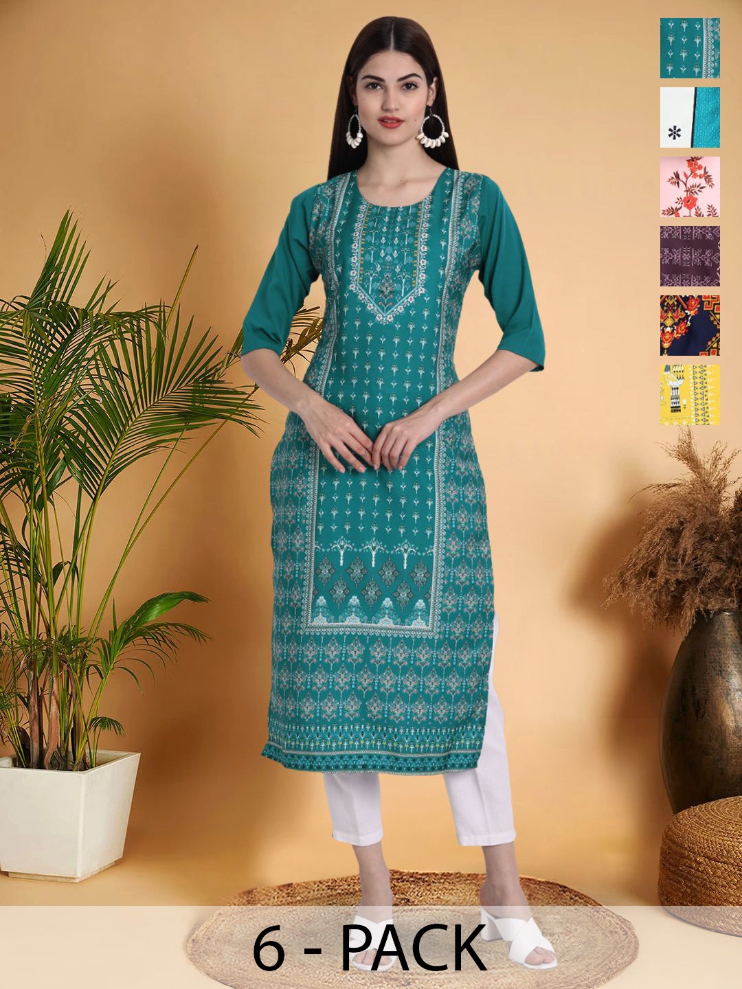 

7Threads Selection Of 6 Ethnic Motifs Printed Round Neck Kurtas, Teal