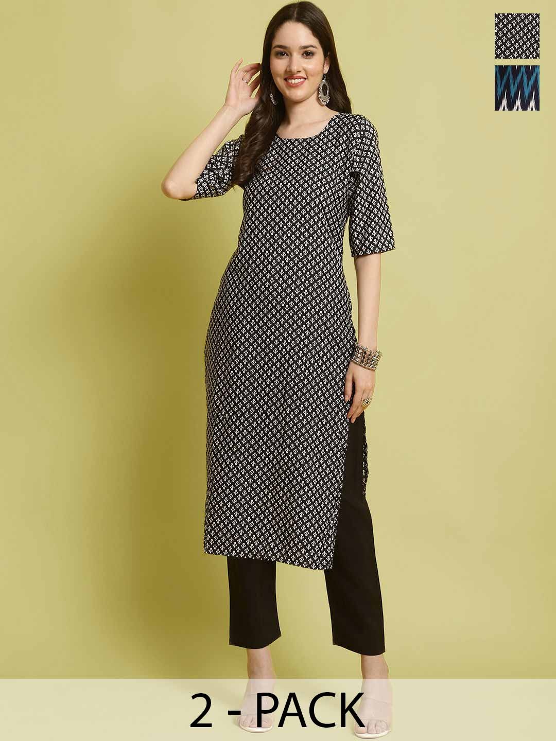 

7Threads Selection Of 2 Floral Printed Round Neck Straight Kurta With Trousers, Black