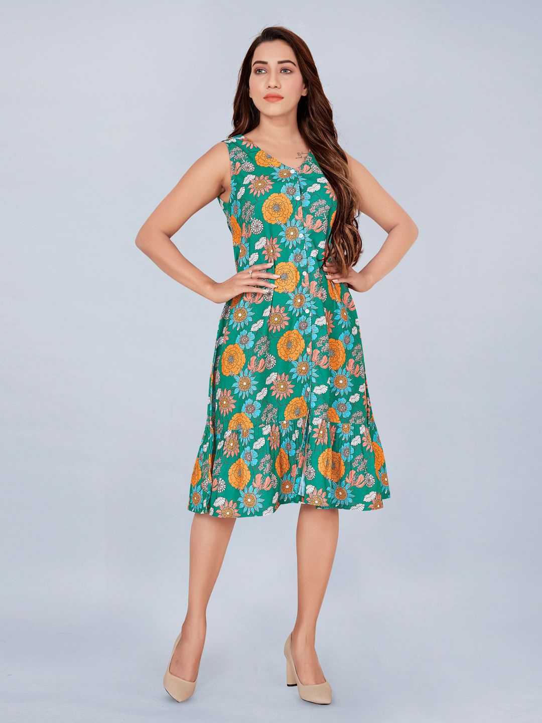 

Moda Rapido Women Floral Printed Chiffon Fit & Flare Midi Dress, Green