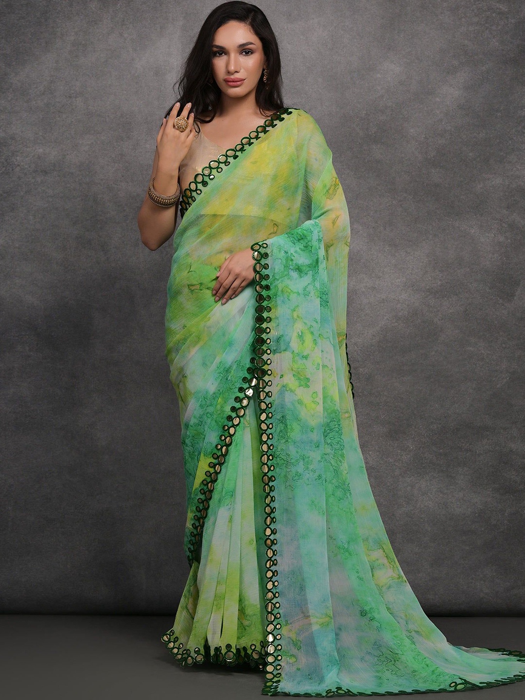 

Peachmode Mirror Work Pure Georgette Saree, Green