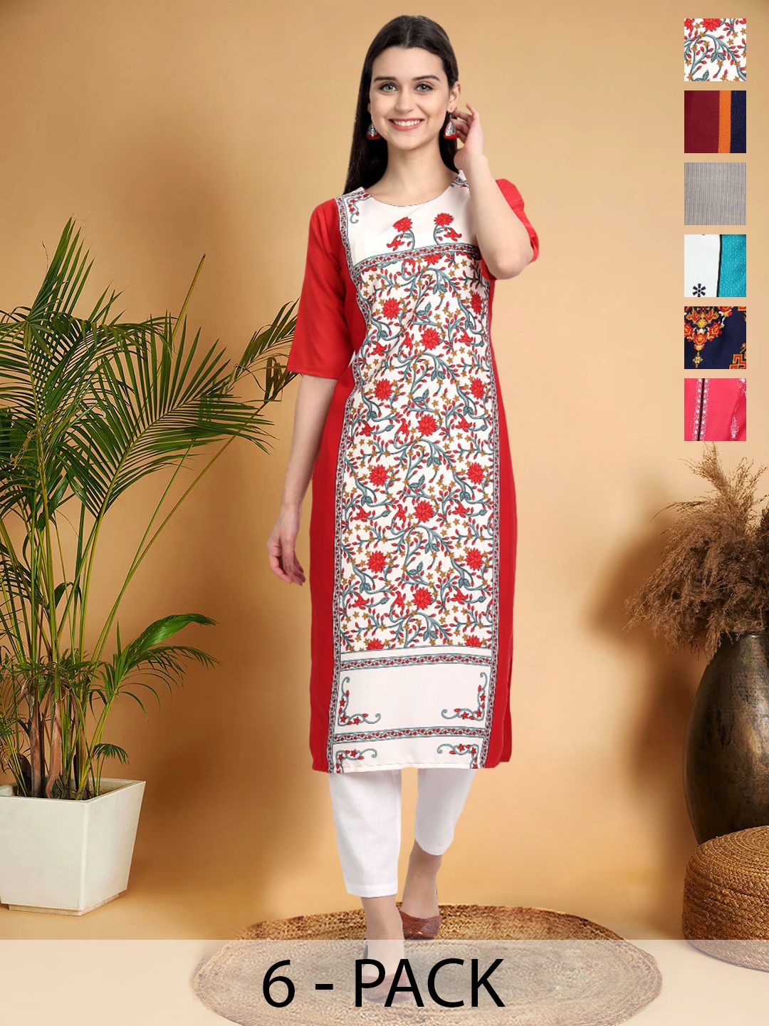 

7Threads Selection Of 6 Ethnic Motifs Printed Round Neck Kurtas, Red