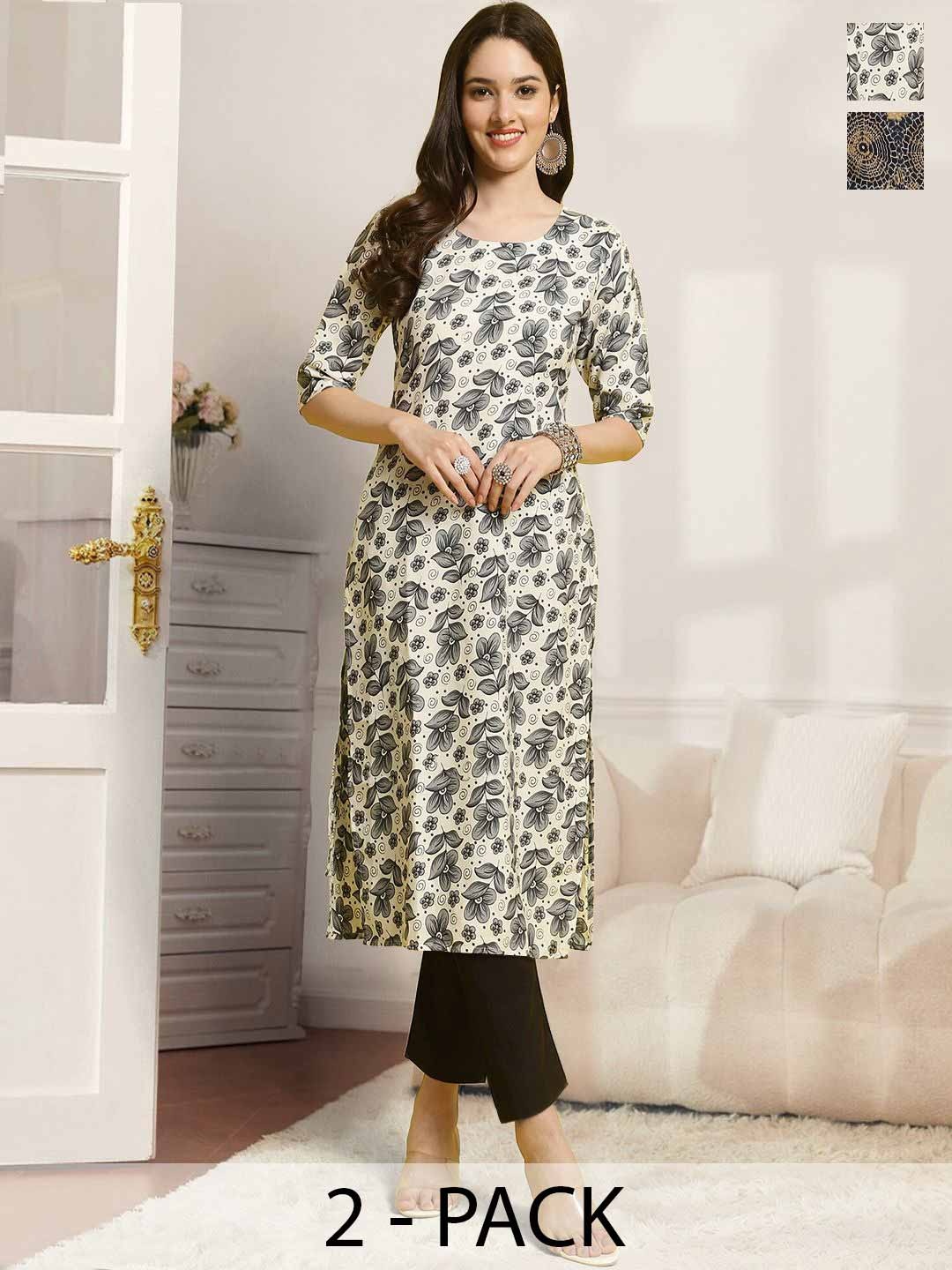 

7Threads Selection Of 2 Floral Printed Straight Kurtas With Trousers, Off white