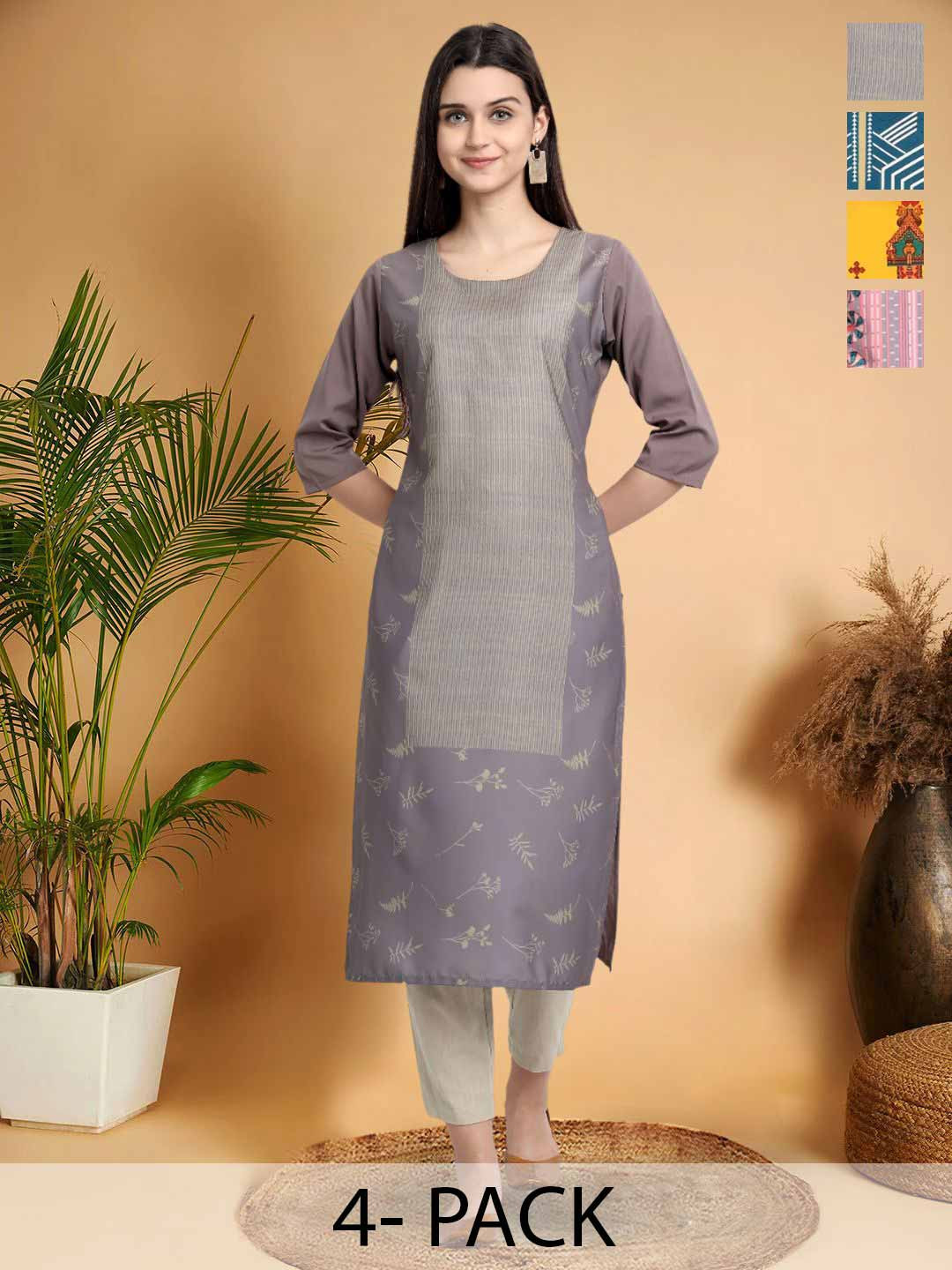 

7Threads Selection Of 4 Floral Printed Round Neck Straight Kurtas, Grey